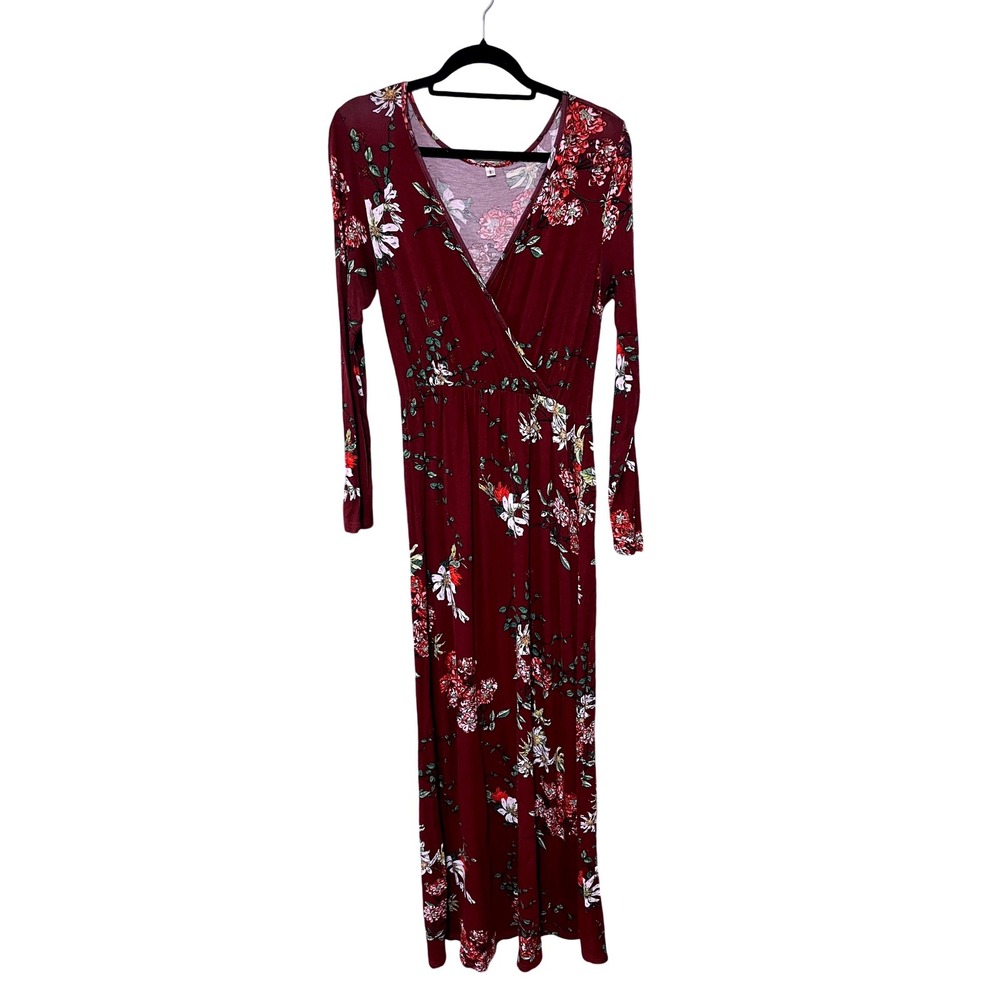 Burgundy Floral Print Long Sleeve Maxi Faux Wrap Knit Dress Women's Size‎ Small